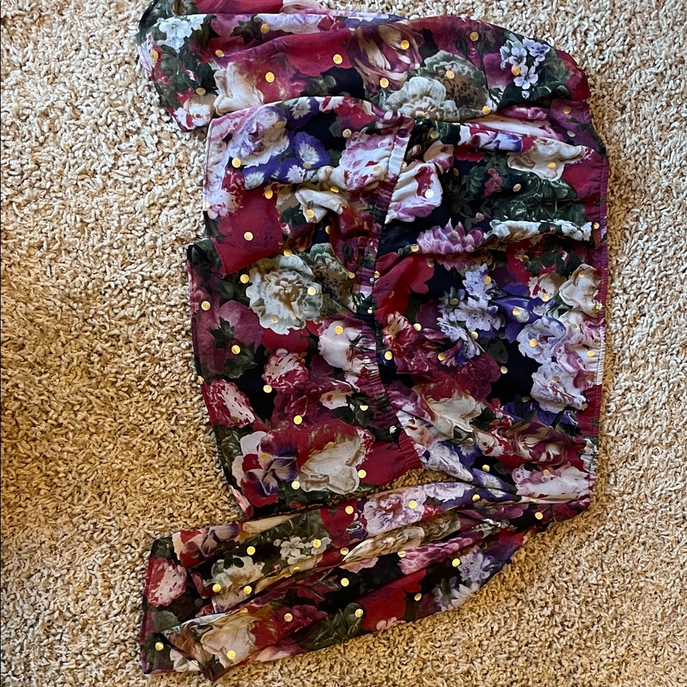 Express Floral Blouse in Burgundy, Purple, Green, White with Gold Dots